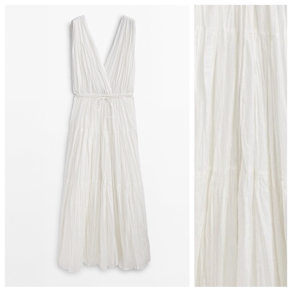 NWT. Massimo Dutti White 100% Cotton Pleated Midi Dress with Drawstring. Size L. - Picture 6 of 12